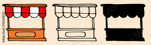 a kiosk counter in a flat style. Doodle-style a set of kiosk counters in doodle style. Kiosk stand in the variants of a Food market in the style of a doodle, a wooden counter with a red-and-white stri