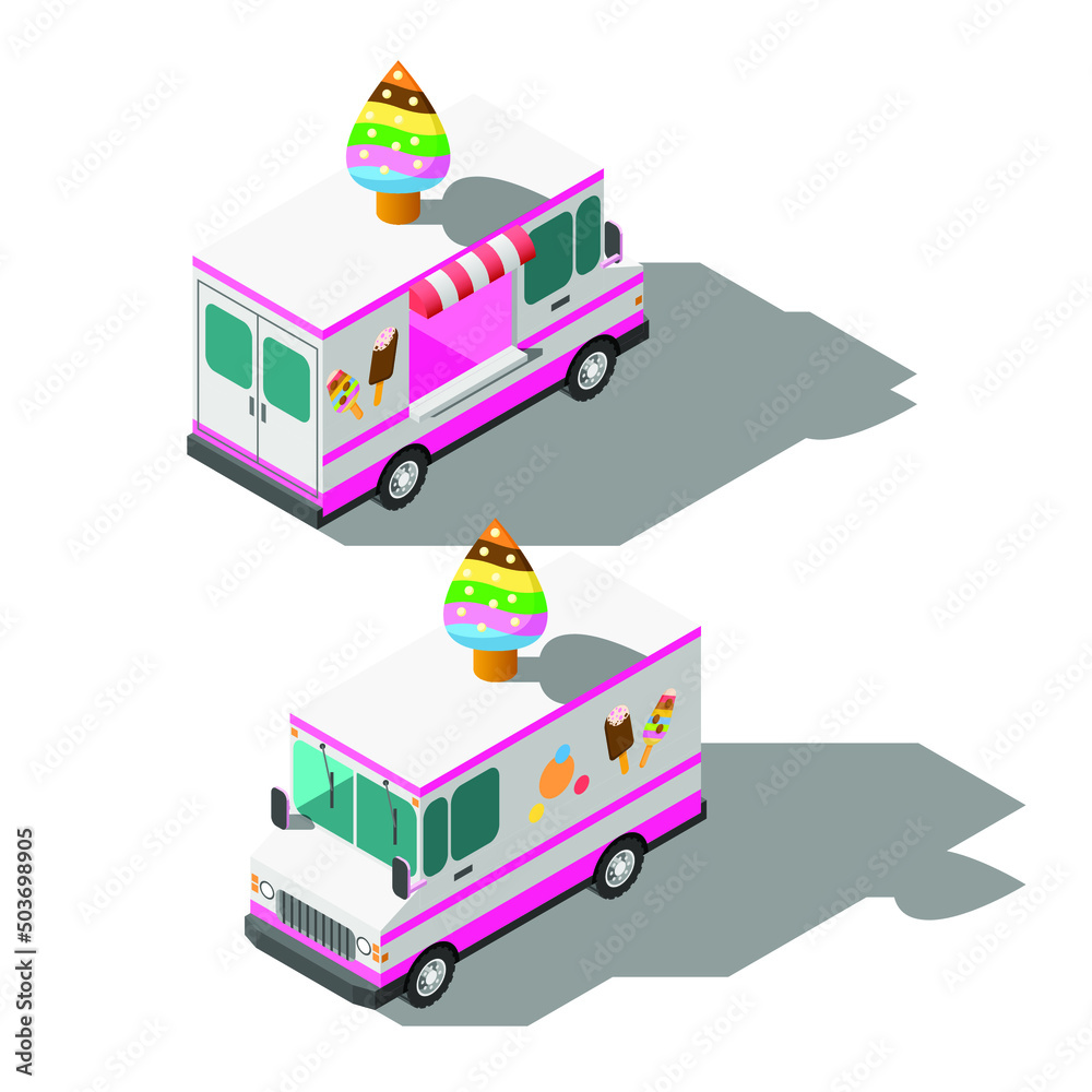 Set Isometric 3D Transport Car Ice Cream Truck Vehicle Element Vector Design Style