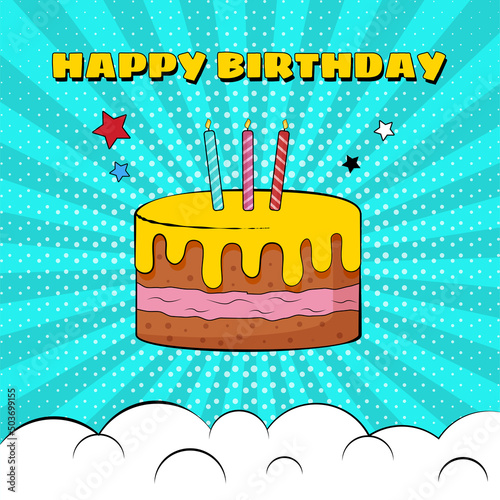 Birthday card with cake in comic style.