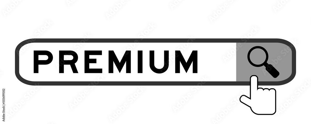 Search banner in word premium with hand over magnifier icon on white background Search banner in word premium with hand over magnifier icon on white background