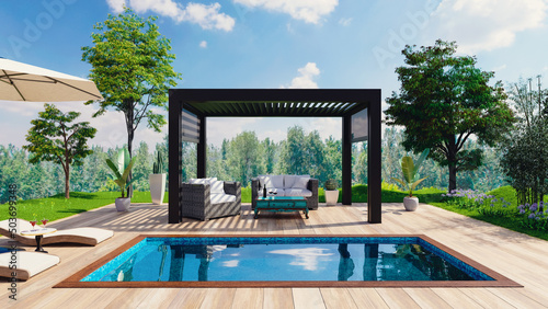 3D render front view of outdoor pergola on teak pool deck
