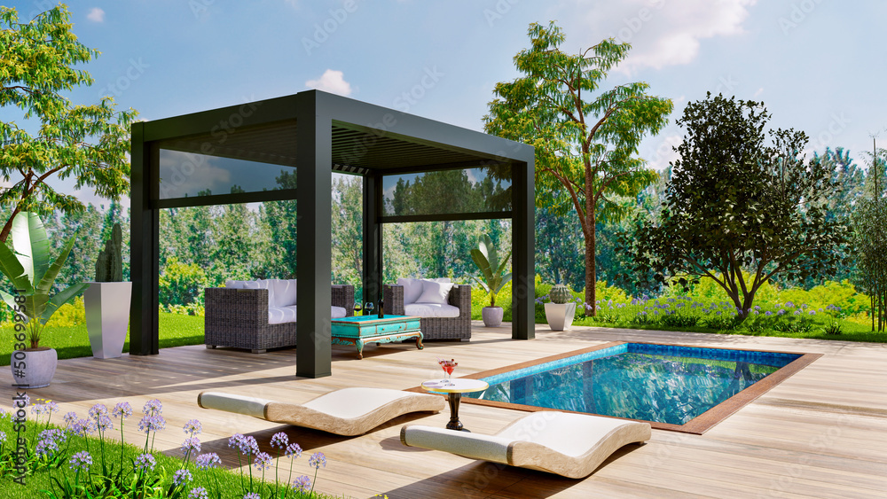 3D render of luxury outdoor terrace with swimming pool and pergola. - obrazy, fototapety, plakaty 