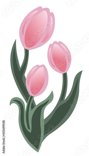 Vector drawing of a bouquet of three pink tulips with curved stems and leaves. Romantic spring illustration in flat style for Valentine s Day  birthday  engagement  wedding.