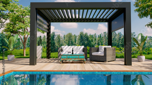 Fotografie, Obraz 3D render of modern pergola on outdoor terrace