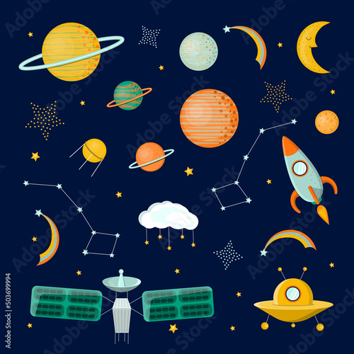Space vector set. Space objects: stars, planets, satellites. Flat vector illustration.