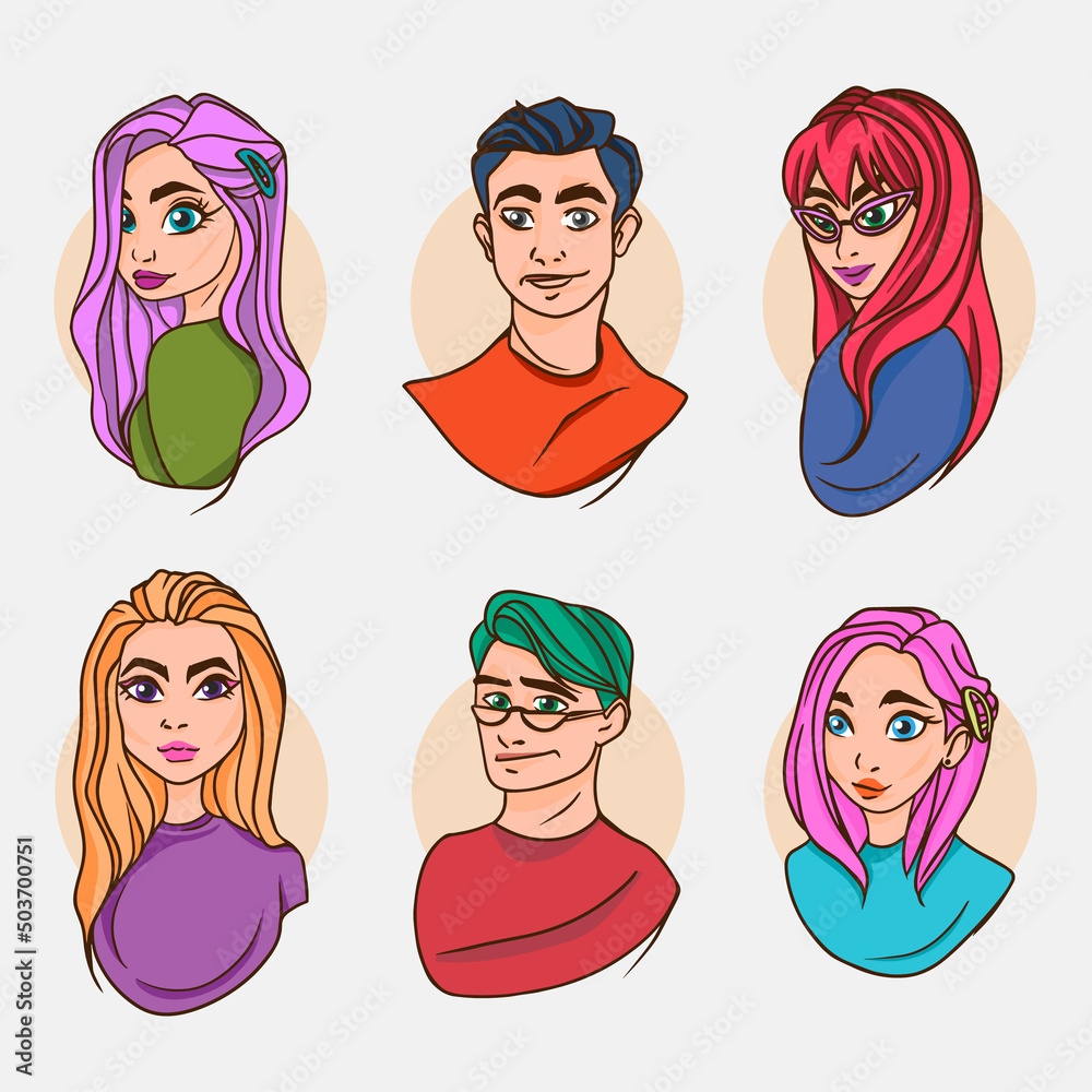 A set of portraits of icons of people of different gender and different ethnicity. Users of social networks, avatars for accounts. A set of portraits of icons of people of different gender and different ethnicity. Users of social networks, avatars for accounts.