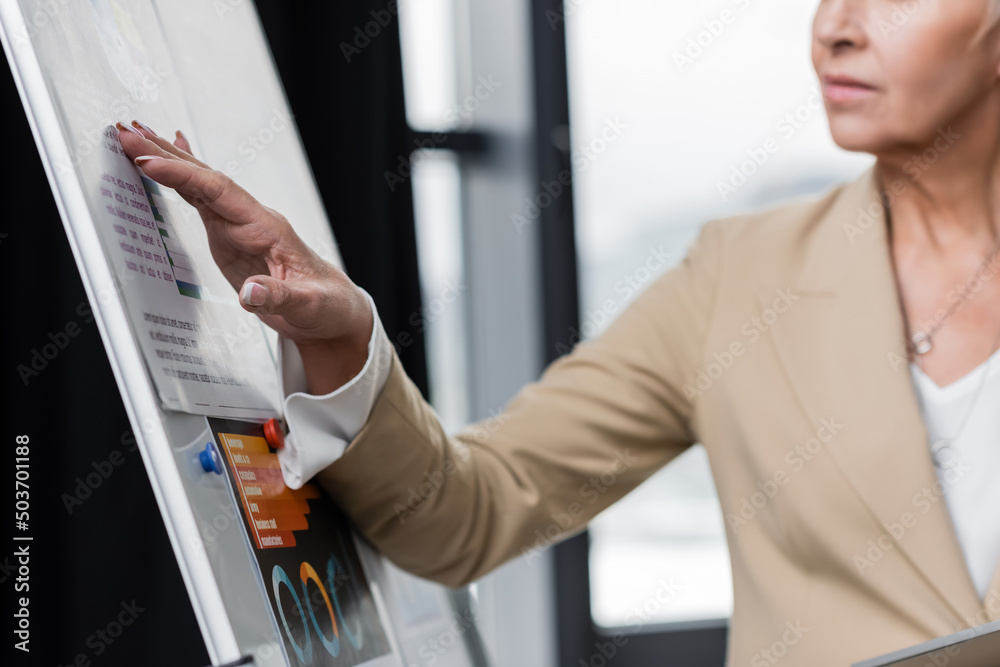 partial view of blurred banker touching infographics on flip chart.