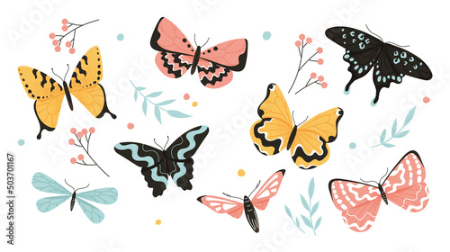 Cute butterflies set. Collection of stickers for social networks and graphic elements to decorate website. Spring season and insects. Cartoon flat vector illustrations isolated on white background