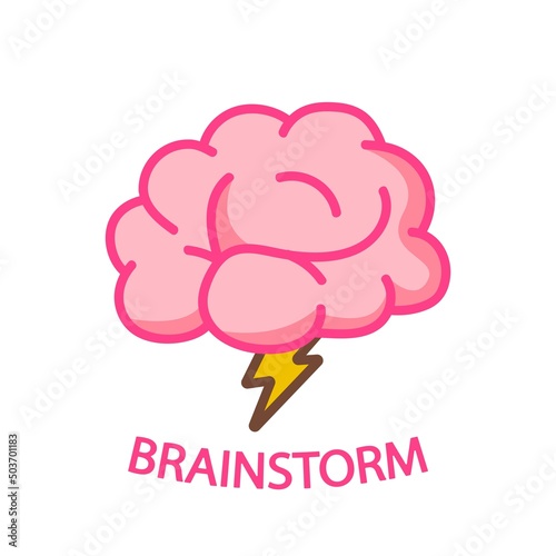 Cartoon brainstorm symbol. Brain with lightning icon