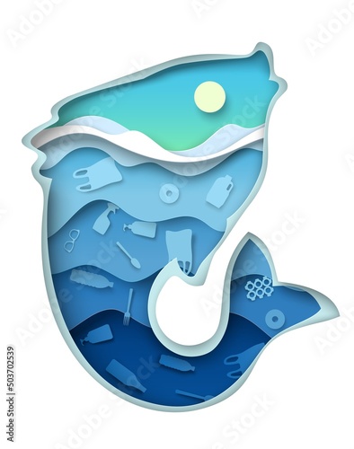Plastic water pollution concept fish paper art