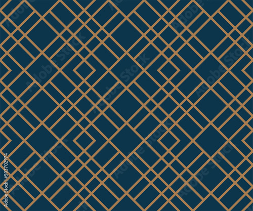 Art deco line art. Rhombus grid pattern in gold and blue color. Decorative seamless background.