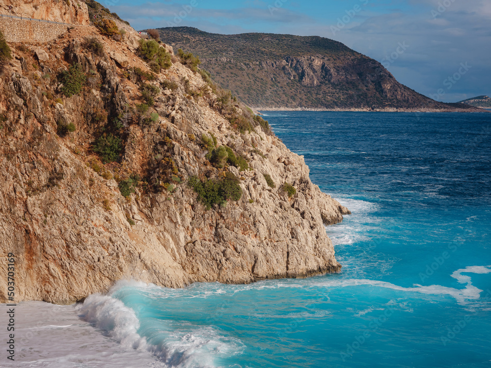 Obraz premium nobody on Kaputas beach, Mediterranean coast Sea, Kas, Turkey. Lycia coast on winter day during vacation