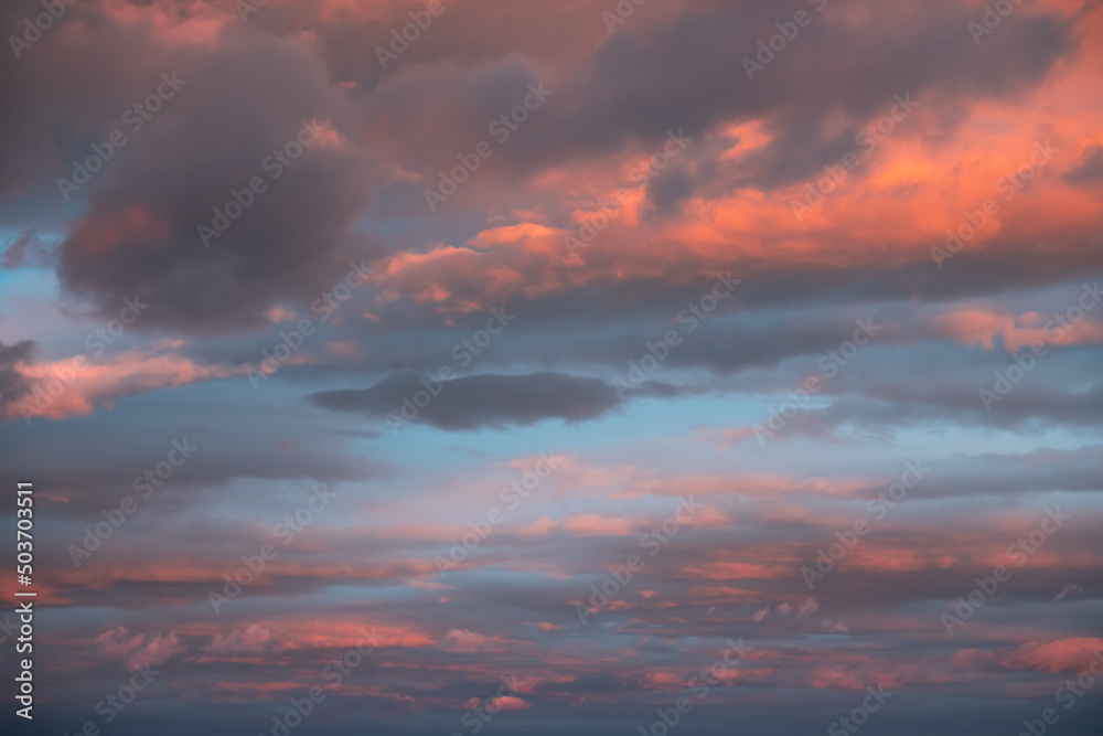 Blue sky with pink and purple clouds at sunset. Abstract sky nature background. Dramatic cloudscape