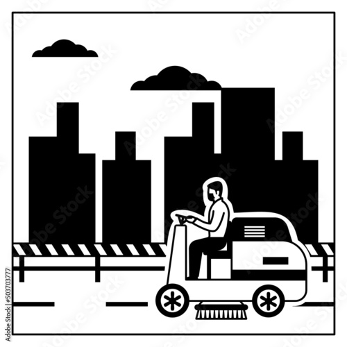 Ride On Floor Scrubber Concept, Rider Sweeper Machine vector icon design, Industrial cleaning service symbol, office and street caretaker Sign, maintenance appliance and equipment stock illustration