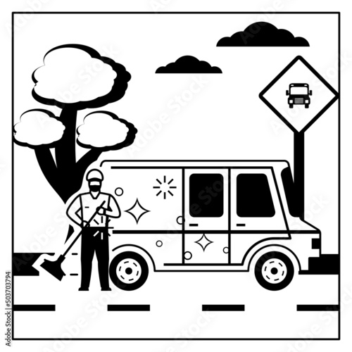 Worker cleaning city streets doing sensitization of bus stop Concept vector icon design, Industrial cleaning service symbol, office and street caretaker Sign, maintenance appliance and equipment stock