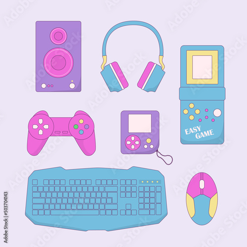 Rerto gamer elements set. Vintage purple computer game equipment vector illustration.