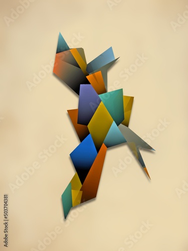 3D illustration of multi-colored layered geometric shapes.