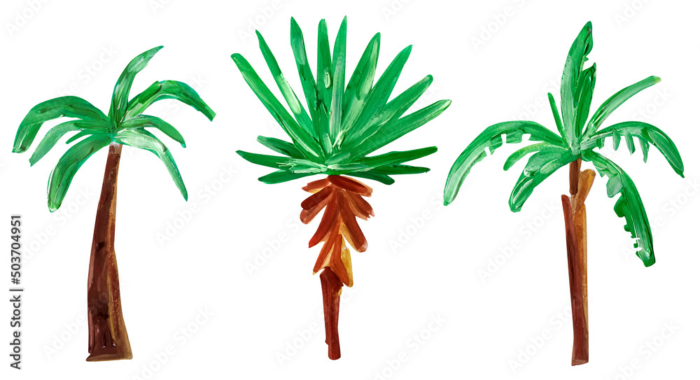 Texture palm and banana tree gouache summer set of elements. Template for decorating designs and illustrations.	
