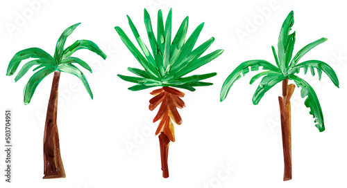 Texture palm and banana tree gouache summer set of elements. Template for decorating designs and illustrations.	
