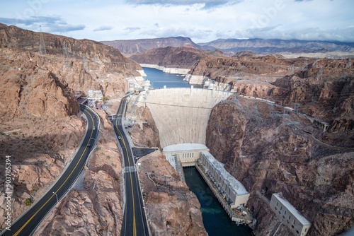 Hoover Dam and Lake Meade with the white rings which shows the lake is in the midst of an unprecedented drought. photo