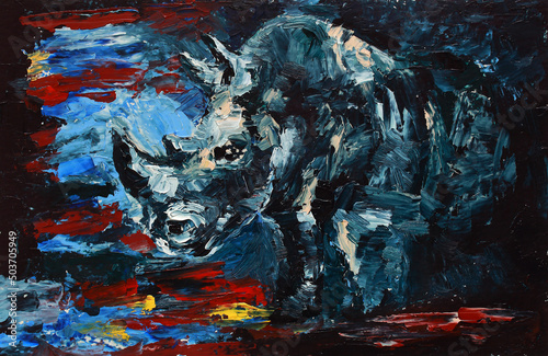Blue and black futuristic rhino. Modern expressionist handmade acrylic painting