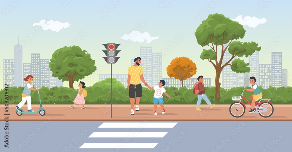 Children on street scene vector crosswalk on road - obrazy, fototapety, plakaty 