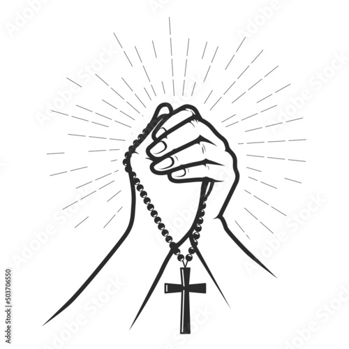 Hands folded in prayer with crucifix on beads, pray for god, faith and hope concept, vector