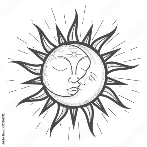 Crescent moon inside sun with face, closed eyes, magical or astrology zodiac sign, tarot sorcery, esoteric symbol, vector