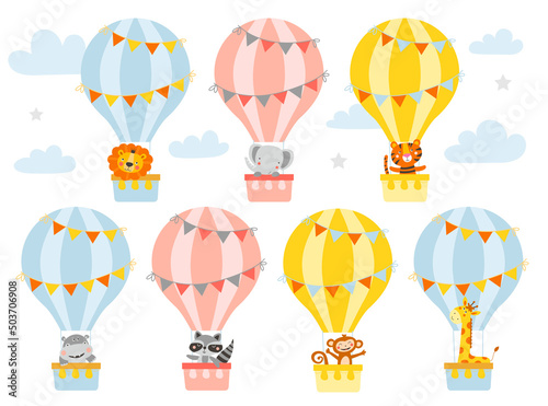 Set of cute animals in a hot air balloon. Vector illustration
