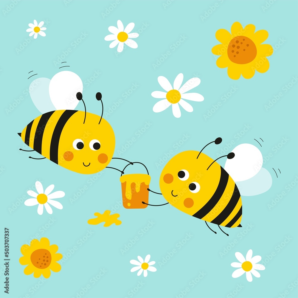 Obraz premium Greeting card with cartoon cute bee. Vector illustrations