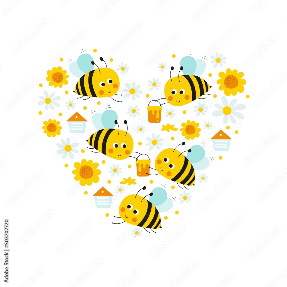 Obraz premium Greeting card with cartoon cute bee. Vector illustrations