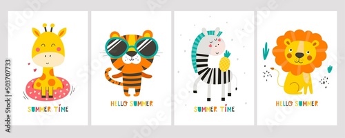 Set summer card with cute animals. Vector illustrations