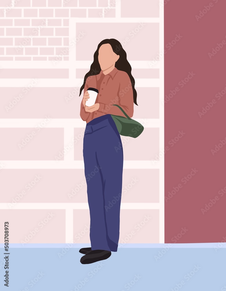 vector illustration of a girl in purple pants. girl with coffee in her hands, next to a pink brick wall vector illustration of a girl in purple pants. girl with coffee in her hands, next to a pink brick wall