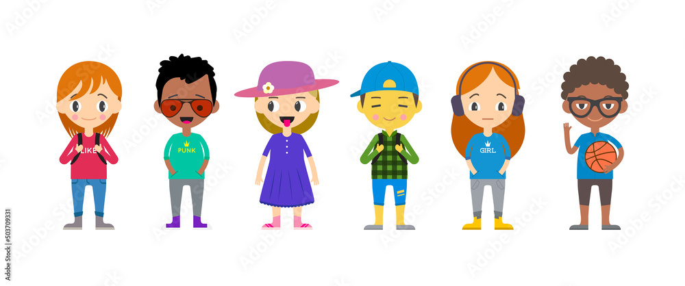 Kids waving hands flat vector illustrations set. Smiling little children in casual clothing greeting gesture. Diversity.