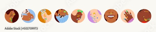Young ladies with various types of Piercing. Female hands with Manicured nails. Feet with pedicure. Hand drawn colored round Vector illustrations. Templates for social media icons, avatars, logos