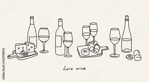 Bottles and glasses of sweet and dry Wine. Wine, wooden plates with cheese, fruits, croissant. Traditional wine snacks. Hand drawn outline Vector illustration. All elements are isolated