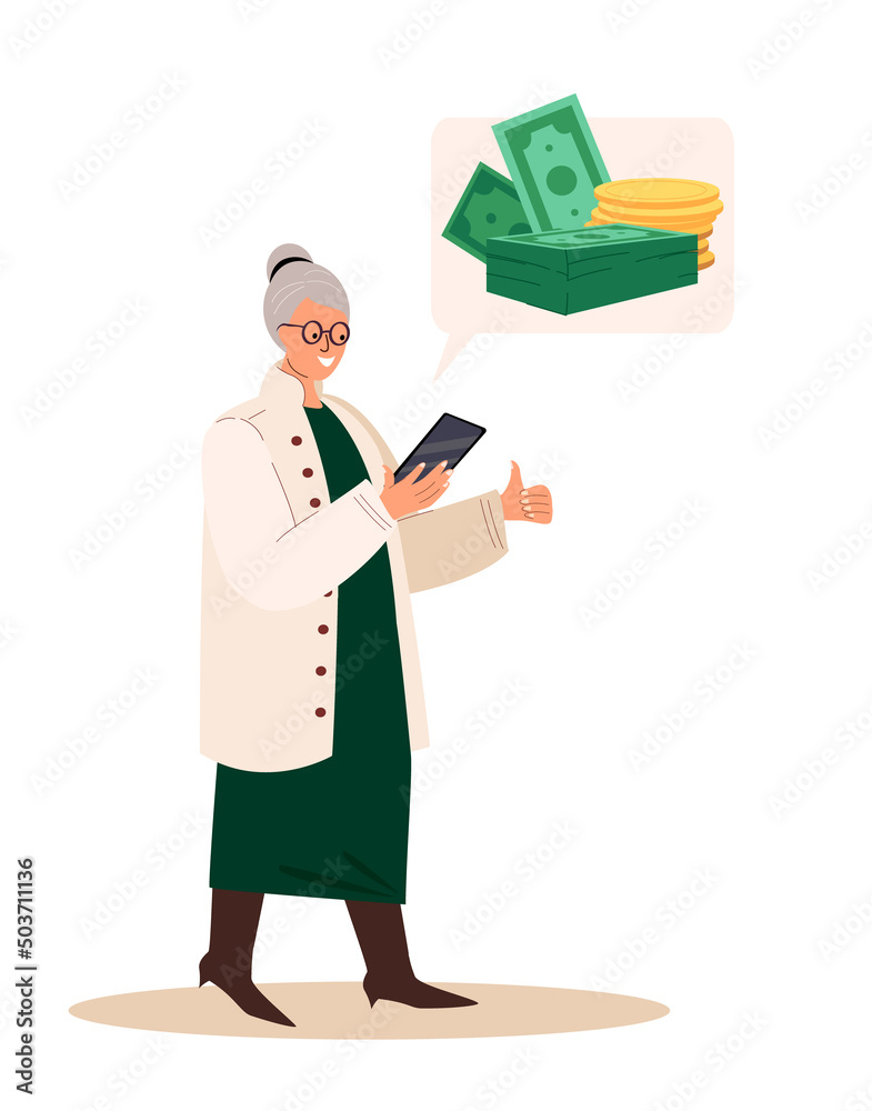 Retired Old Woman Character Look on Smartphone Screen with Dollar Sign Speech Bubble.Online Money Transfer,Pension Deductions,Mobile Savings Account,getting Payment Deposit.People Vector Illustration