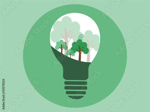 illustration of light bulb with green trees inside, environment day concept.