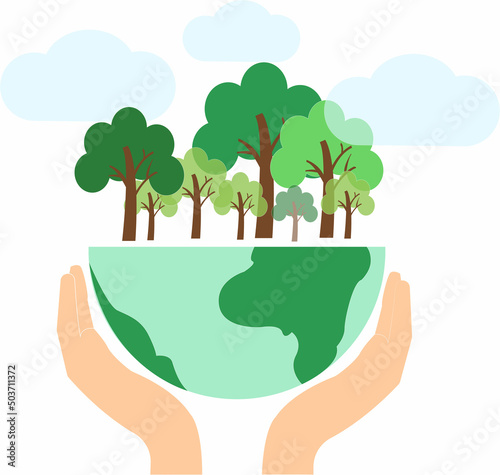 illustration of hands holding globe with green trees, environment day concept.