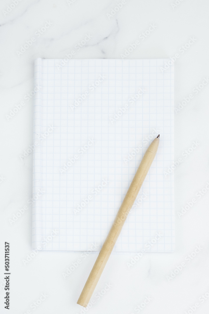 Vertical image of a blank sheet in a notepad and a ballpoint pen. Pen made of ecological materials. Template for design, blank. Top view. Vertical image of a blank sheet in a notepad and a ballpoint pen. Pen made of ecological materials. Template for design, blank. Top view.