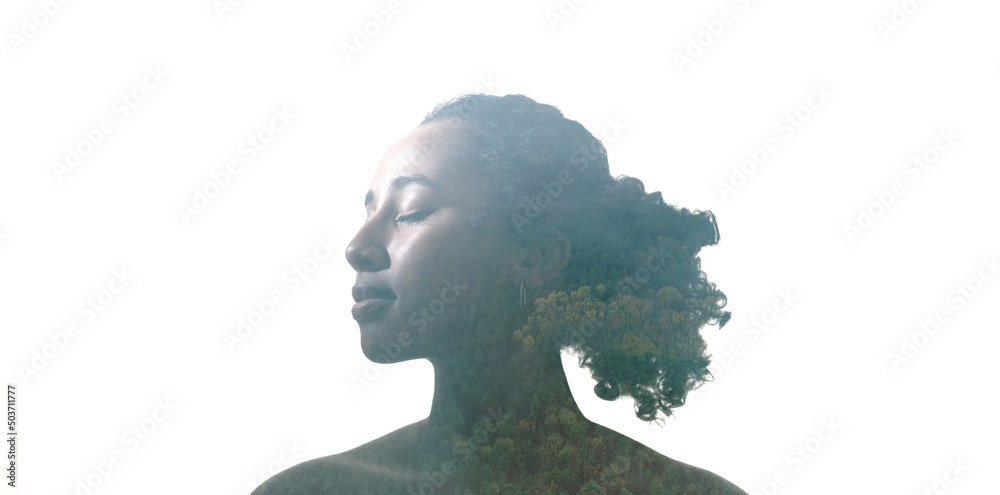 Nature therapy. Health vitality. Healing meditation. Double exposure profile silhouette of calm tranquil woman face with forest landscape clouds isolated on white empty space. - obrazy, fototapety, plakaty 