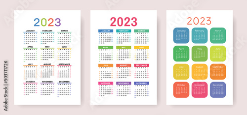 Colorful calendar 2023 set. Vector template collection. January, February, March, April, May, June, July, August, September, October, November, December