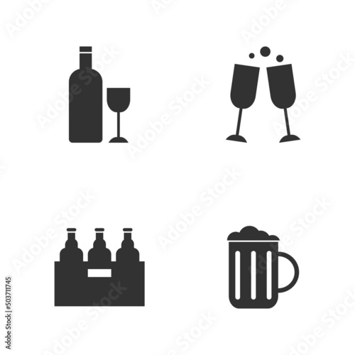 Wine, beer glass, bottle vector icon set
