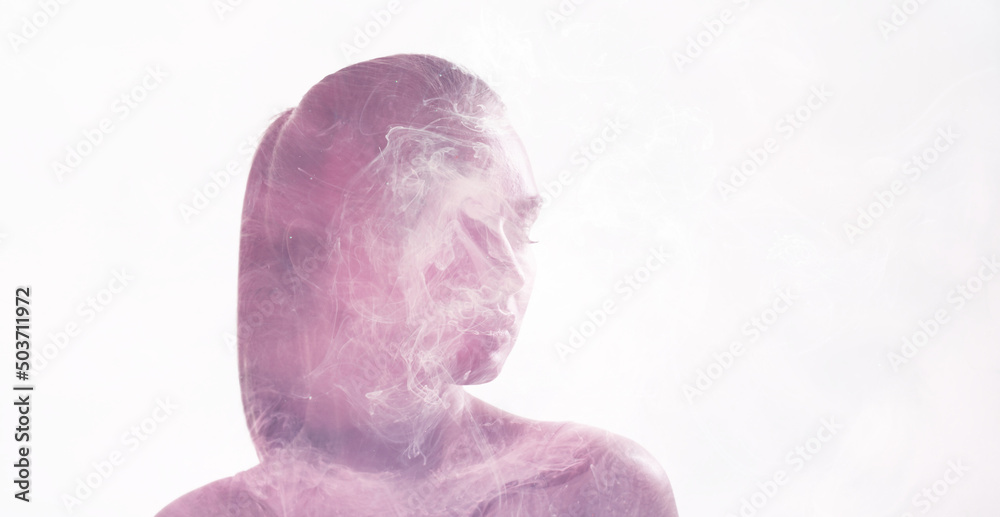 Aromatherapy healing. Homeopathic perfume. Health wellness. Double exposure silhouette of peaceful relaxed woman enjoying pink essential scent mist isolated on white copy space. - obrazy, fototapety, plakaty 