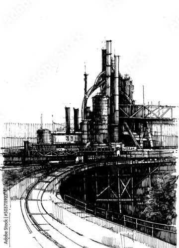 heavy steel factory illustration. Chemical plant sketch. Hand drawn art.