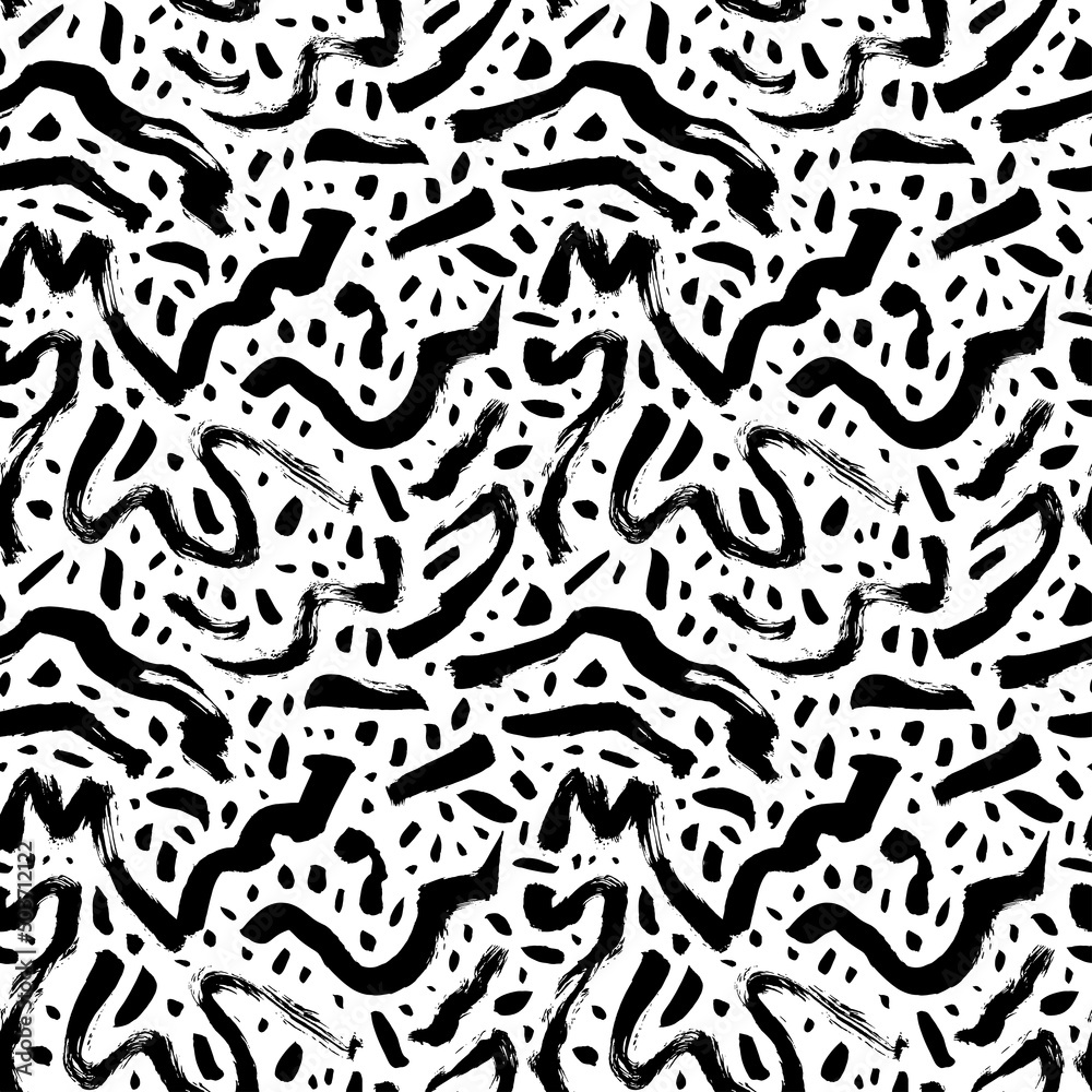 Wavy and swirled brush lines with dots vector seamless pattern. Black paint freehand scribbles, abstract black ink background. Brushstrokes, smears, lines, squiggle pattern. Abstract wallpaper design