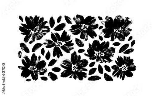 Black brush flower silhouettes. Spring flowers hand drawn vector set. Anemones, peonies, chrysanthemums isolated cliparts. Black brush flowers with leaves. Monochrome botanical illustration.
