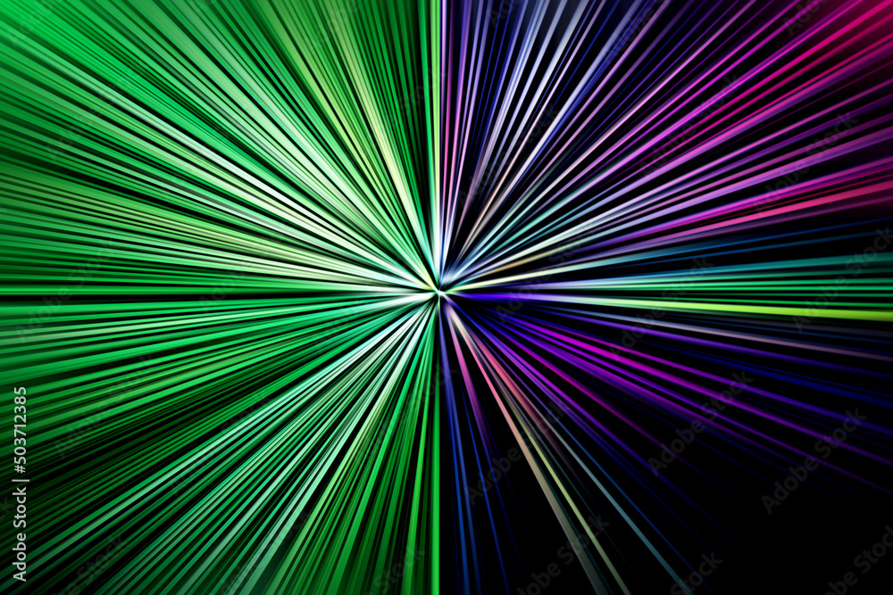 Obraz premium Abstract radial zoom blur surface in green, lilac and blue tones. Spectacular bright background with radial, radiating, converging lines. The background is divided into two parts.