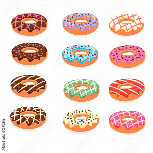 vector image set of donuts with strawberry and vanilla cream. sweets. confectionery products