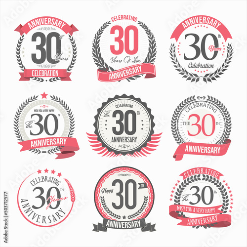 Collection of anniversary badges and labels retro design 
